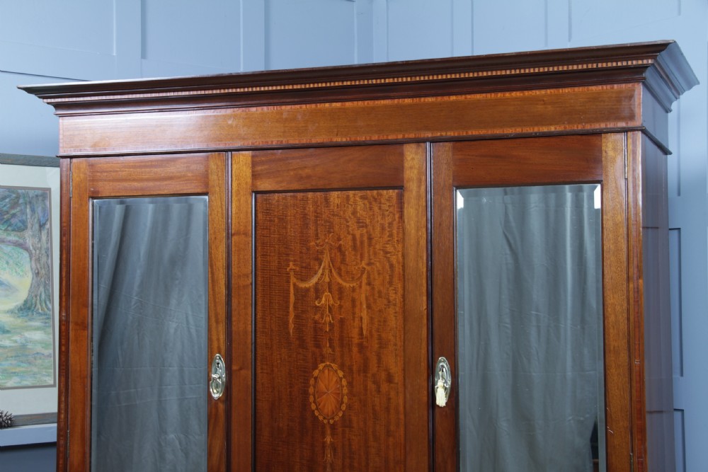 Original Antique Edwardian Inlaid Mahogany Double Wardrobe With Drawers, Mirrors View X