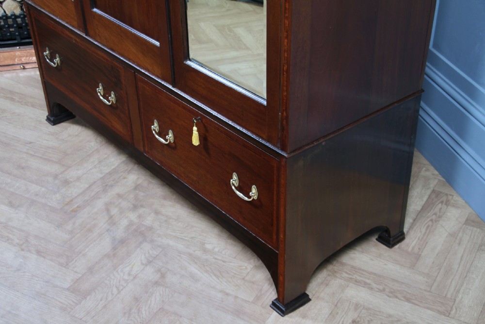 Original Antique Edwardian Inlaid Mahogany Double Wardrobe With Drawers, Mirrors View XI