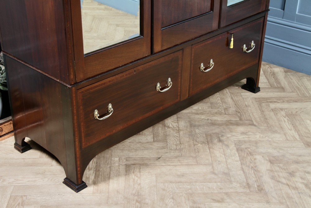 Original Antique Edwardian Inlaid Mahogany Double Wardrobe With Drawers, Mirrors View XII