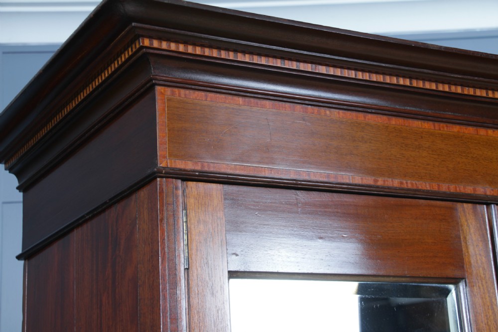 Original Antique Edwardian Inlaid Mahogany Double Wardrobe With Drawers, Mirrors View XIV
