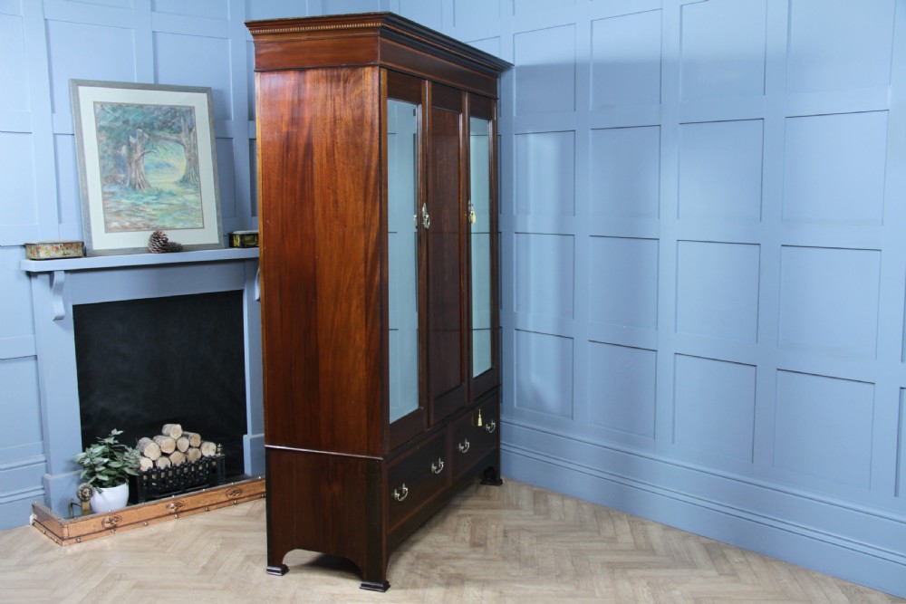 Original Antique Edwardian Inlaid Mahogany Double Wardrobe With Drawers, Mirrors View XV