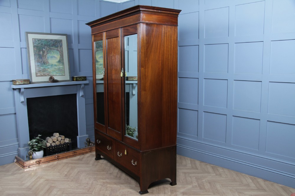 Original Antique Edwardian Inlaid Mahogany Double Wardrobe With Drawers, Mirrors View XVI