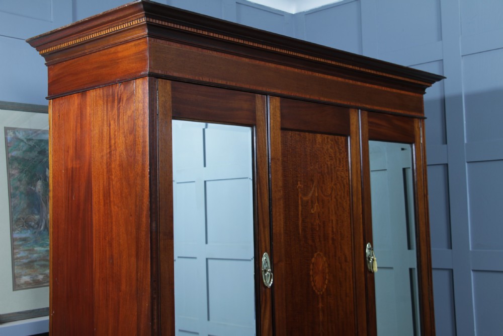 Original Antique Edwardian Inlaid Mahogany Double Wardrobe With Drawers, Mirrors View XVII