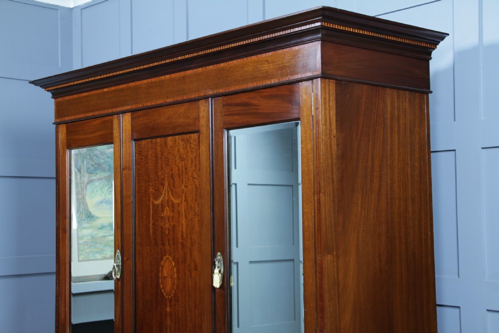 Original Antique Edwardian Inlaid Mahogany Double Wardrobe With Drawers, Mirrors View XVIII
