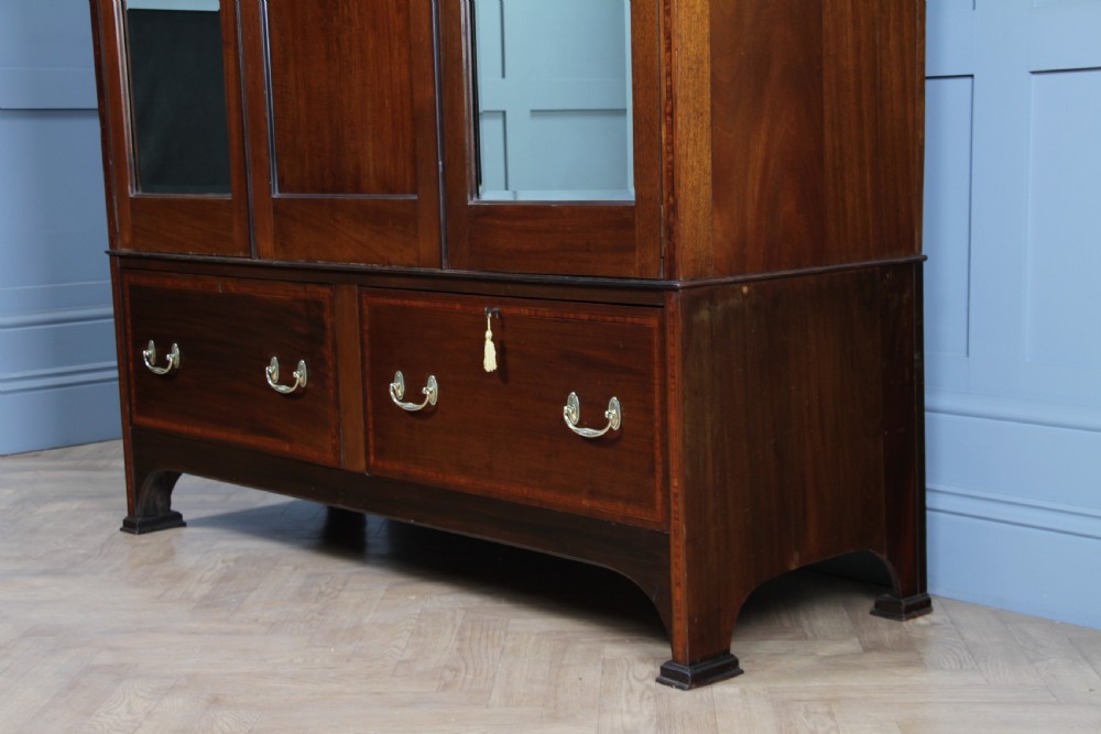 Original Antique Edwardian Inlaid Mahogany Double Wardrobe With Drawers, Mirrors View XIX