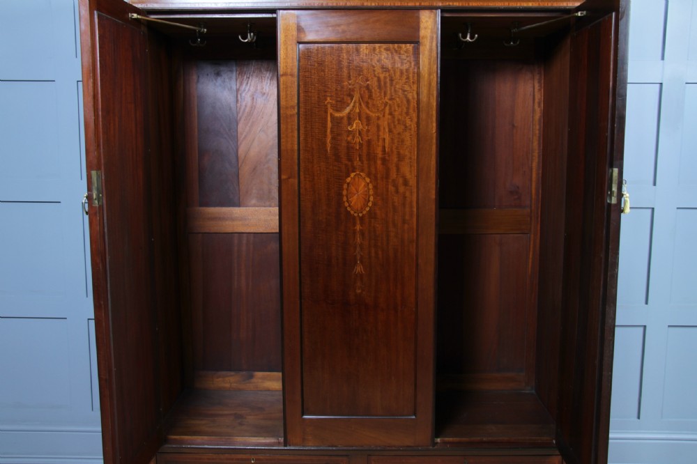 Original Antique Edwardian Inlaid Mahogany Double Wardrobe With Drawers, Mirrors View XXII