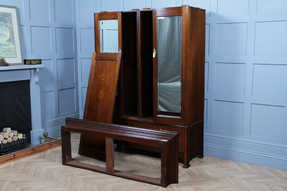 Original Antique Edwardian Inlaid Mahogany Double Wardrobe With Drawers, Mirrors View XXIII