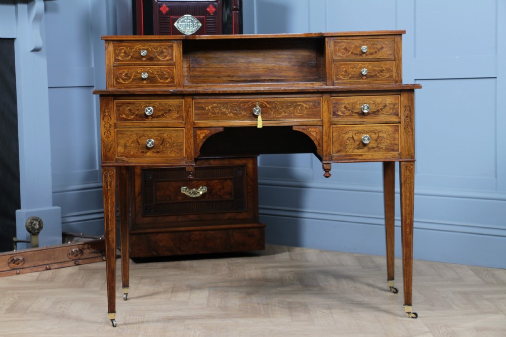 Edwardian Rosewood Inlaid Satinwood Marquetry Ladies Writing Desk View X