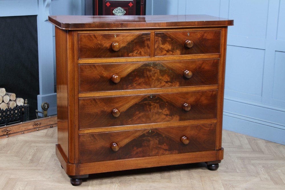 Outstanding Original Antique Victorian Flame Grain Mahogany Chest of 5 Drawers C1870