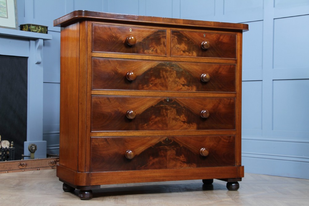Outstanding Original Antique Victorian Flame Grain Mahogany Chest of 5 Drawers C1870 View IV