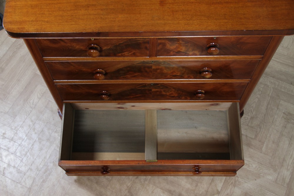 Outstanding Original Antique Victorian Flame Grain Mahogany Chest of 5 Drawers C1870 View XX
