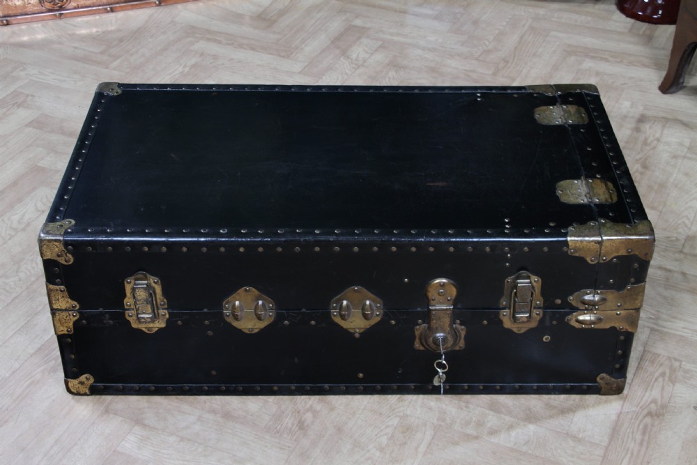 Antique Steamer Trunk Travelling Wardrobe Black Locking with key C1920 View IV