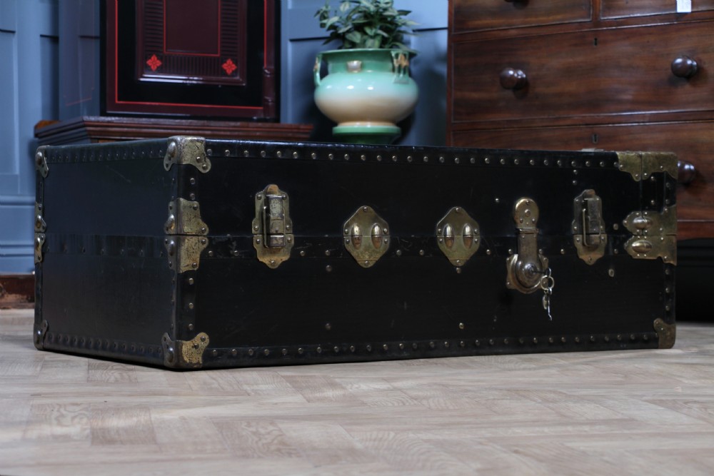 Antique Steamer Trunk Travelling Wardrobe Black Locking with key C1920 View X