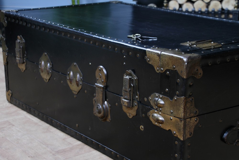 Antique Steamer Trunk Travelling Wardrobe Black Locking with key C1920 View XX