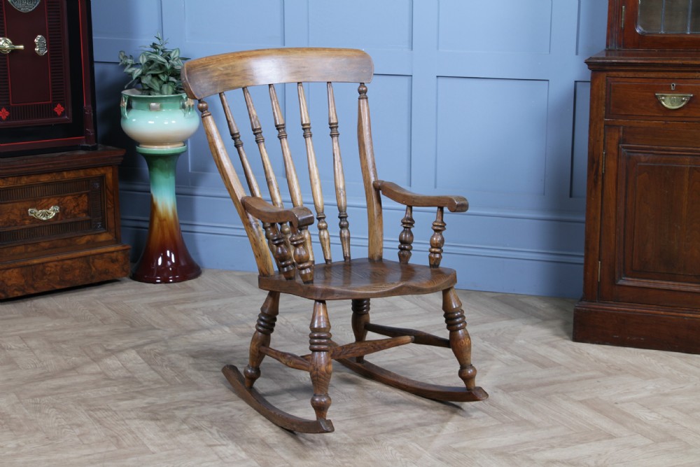 Antique Original Victorian Elm Seat Spindle Back Fireside Rocking Chair C1880 View II
