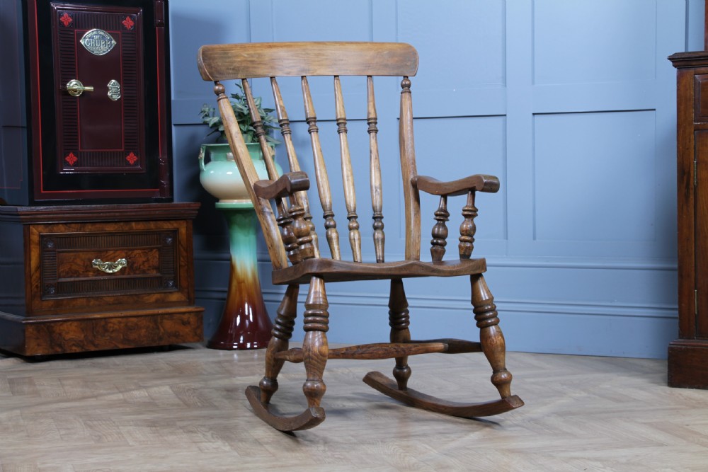 Antique Original Victorian Elm Seat Spindle Back Fireside Rocking Chair C1880 View III