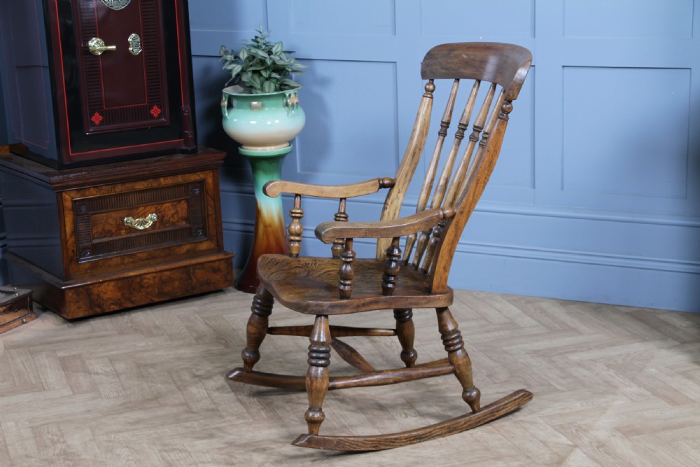 Antique Original Victorian Elm Seat Spindle Back Fireside Rocking Chair C1880 View V