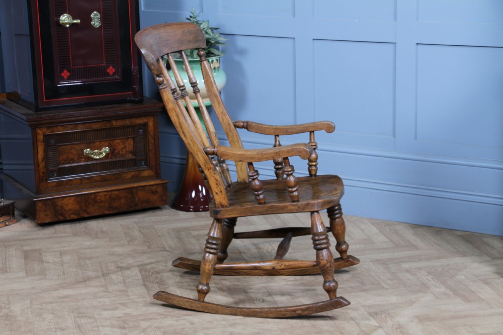 Antique Original Victorian Elm Seat Spindle Back Fireside Rocking Chair C1880 View VI