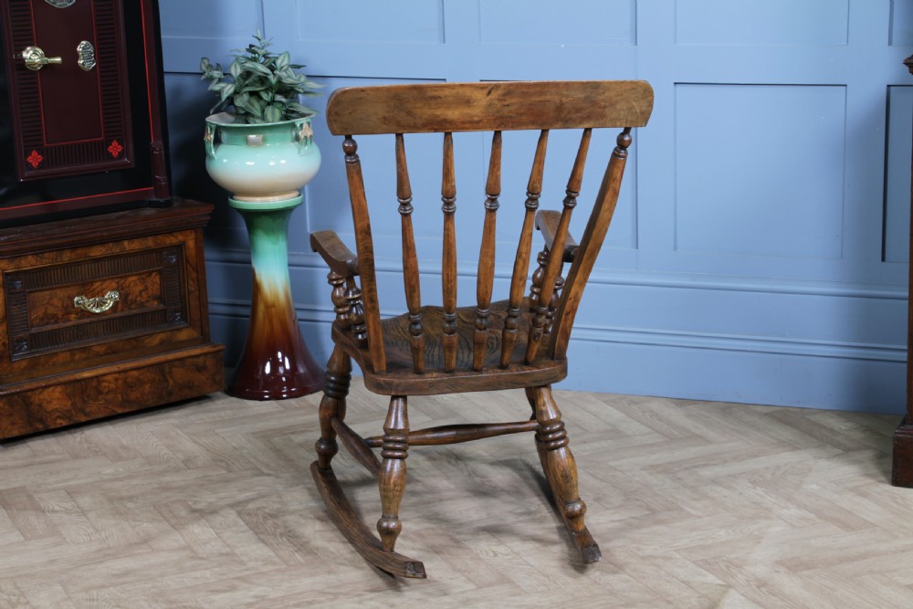 Antique Original Victorian Elm Seat Spindle Back Fireside Rocking Chair C1880 View VII