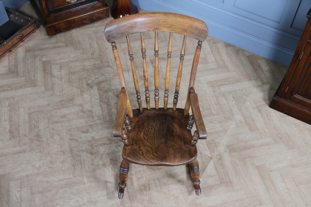 Antique Original Victorian Elm Seat Spindle Back Fireside Rocking Chair C1880 View VIII