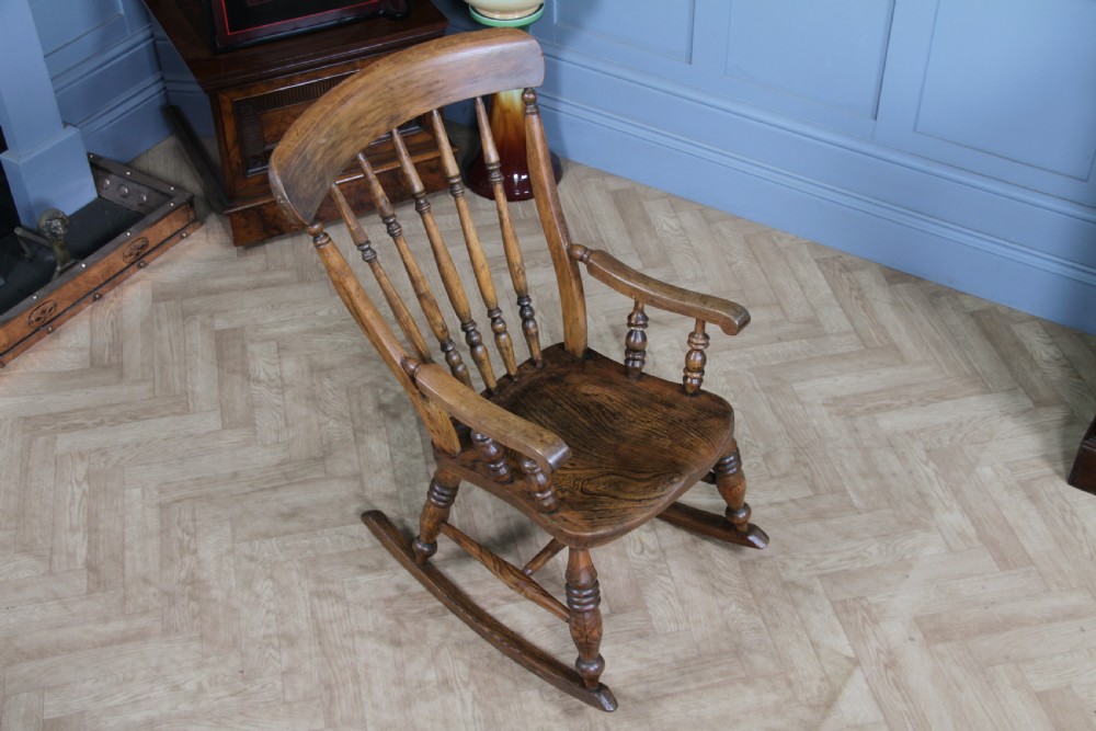 Antique Original Victorian Elm Seat Spindle Back Fireside Rocking Chair C1880 View IX