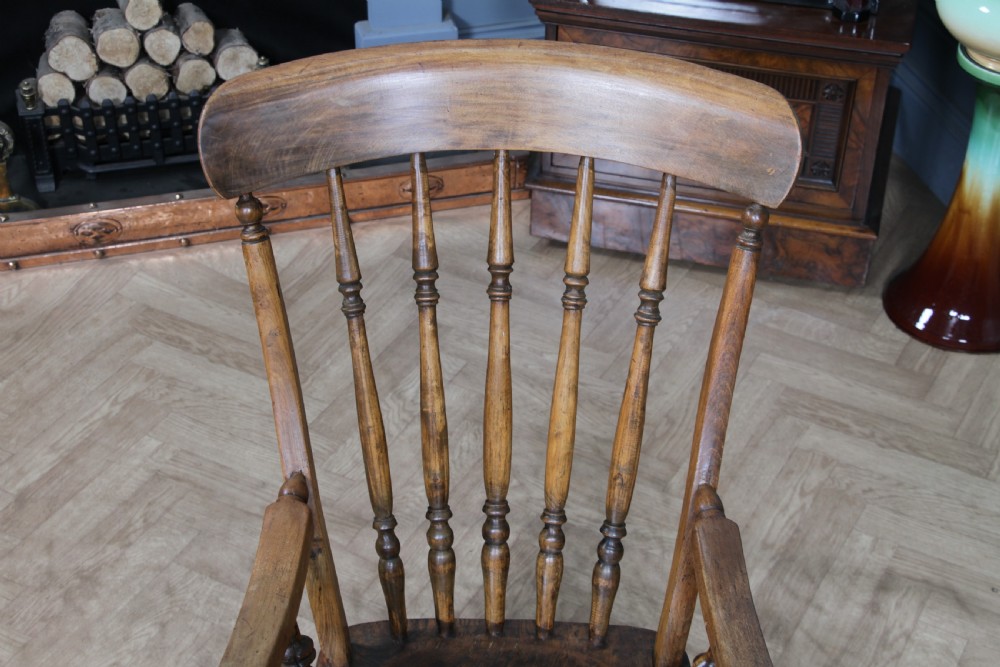 Antique Original Victorian Elm Seat Spindle Back Fireside Rocking Chair C1880 View XII