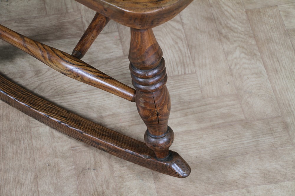 Antique Original Victorian Elm Seat Spindle Back Fireside Rocking Chair C1880 View XIV