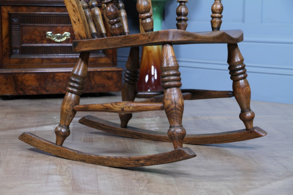 Antique Original Victorian Elm Seat Spindle Back Fireside Rocking Chair C1880 View XV