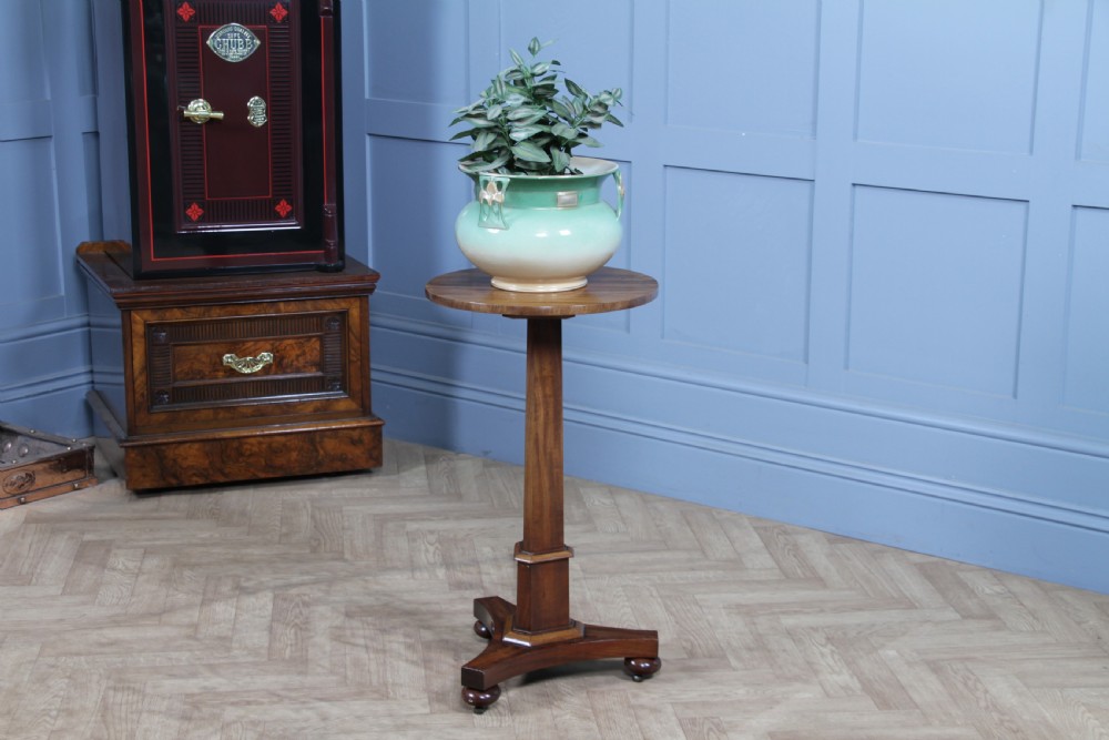 An antique William IV mahogany wine table featuring a circular top supported by a tapered faceted column and a triform base with bun feet. View XVI