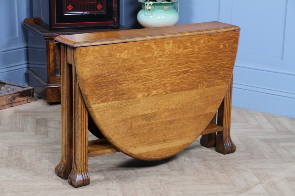 Original Antique Art Deco Slim Solid Tiger Oak Drop Leaf Gate Leg Dining Table