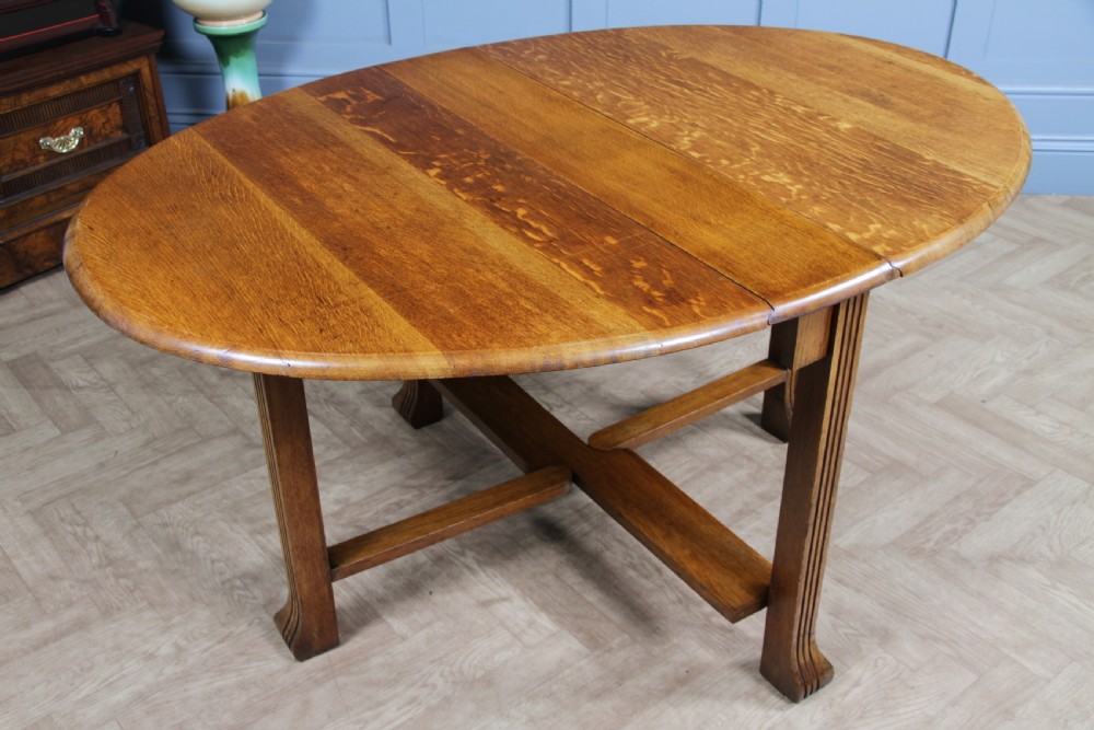 Original Antique Art Deco Slim Solid Tiger Oak Drop Leaf Gate Leg Dining Table View III