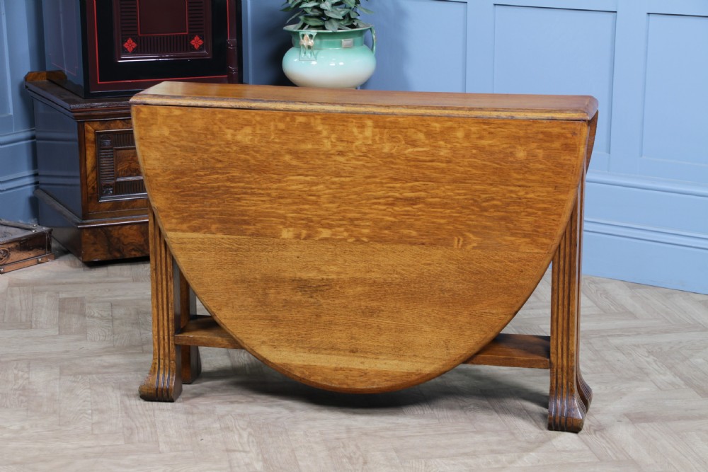 Original Antique Art Deco Slim Solid Tiger Oak Drop Leaf Gate Leg Dining Table View V
