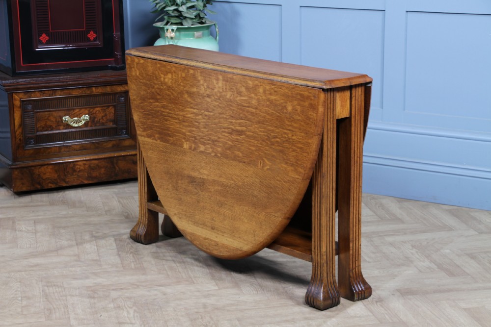 Original Antique Art Deco Slim Solid Tiger Oak Drop Leaf Gate Leg Dining Table View VI