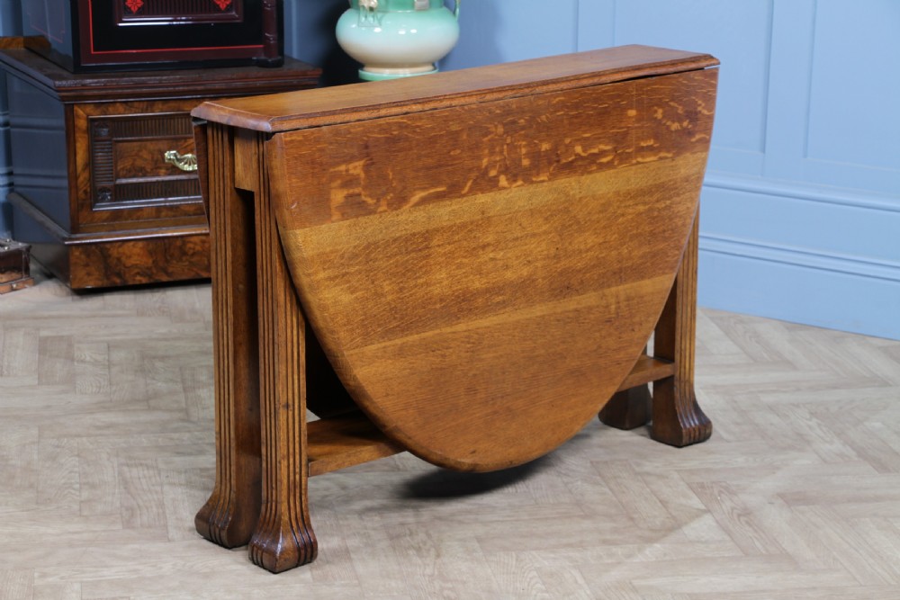 Original Antique Art Deco Slim Solid Tiger Oak Drop Leaf Gate Leg Dining Table View VII