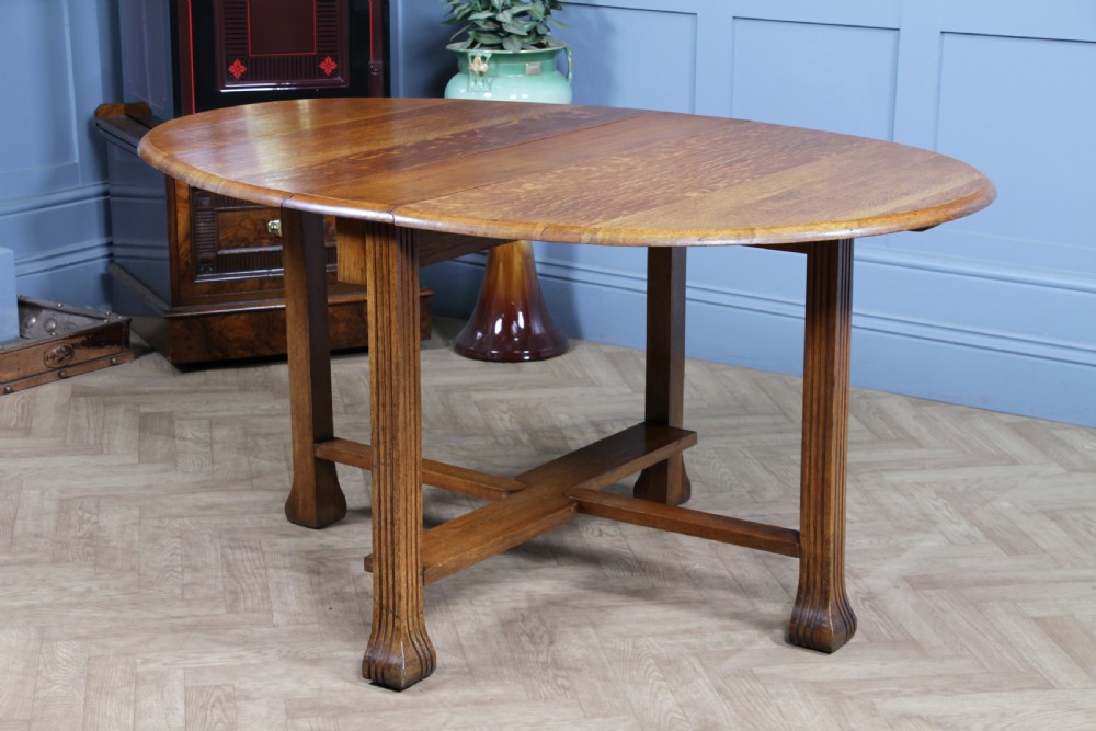 Original Antique Art Deco Slim Solid Tiger Oak Drop Leaf Gate Leg Dining Table View VIII