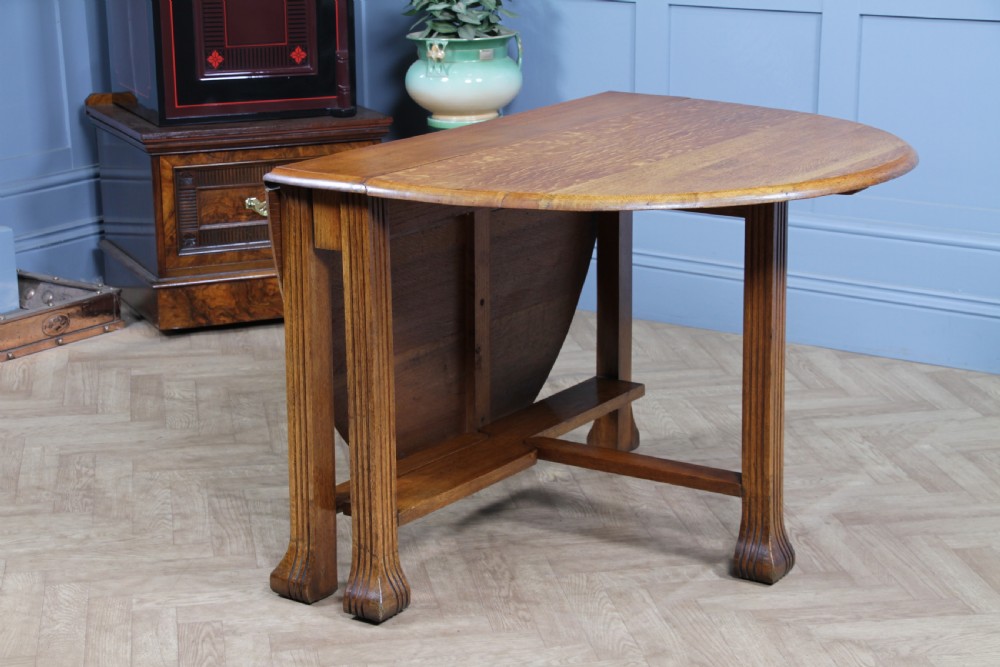 Original Antique Art Deco Slim Solid Tiger Oak Drop Leaf Gate Leg Dining Table View IX