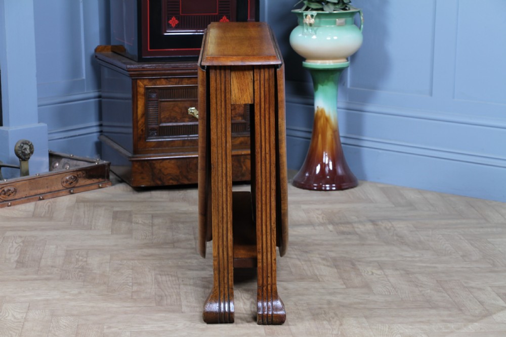 Original Antique Art Deco Slim Solid Tiger Oak Drop Leaf Gate Leg Dining Table View XI