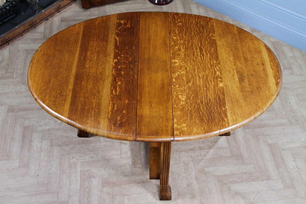 Original Antique Art Deco Slim Solid Tiger Oak Drop Leaf Gate Leg Dining Table View XII