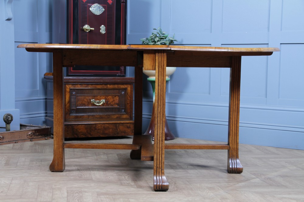 Original Antique Art Deco Slim Solid Tiger Oak Drop Leaf Gate Leg Dining Table View XV