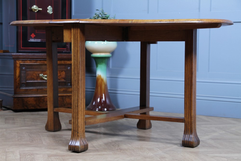 Original Antique Art Deco Slim Solid Tiger Oak Drop Leaf Gate Leg Dining Table View XVI