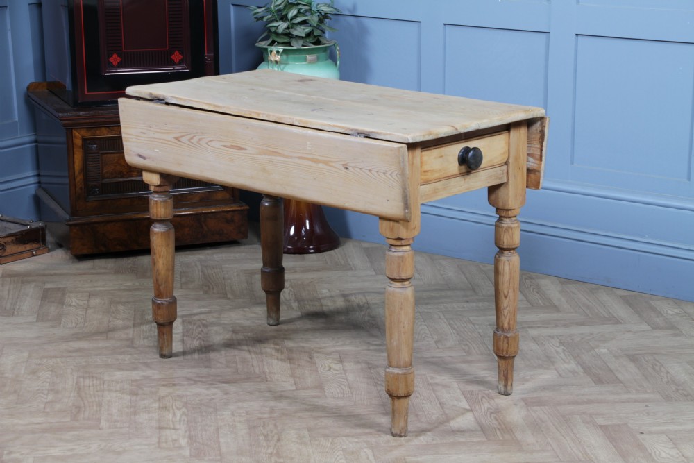 Original Antique Victorian Pine Scrub Top Drop Leaf Pembroke Table With Drawer View II