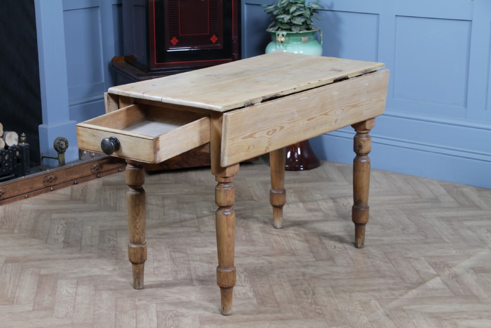 Original Antique Victorian Pine Scrub Top Drop Leaf Pembroke Table With Drawer View III