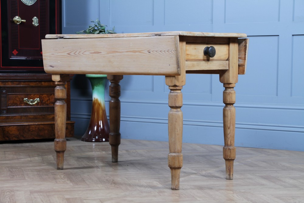 Original Antique Victorian Pine Scrub Top Drop Leaf Pembroke Table With Drawer View X