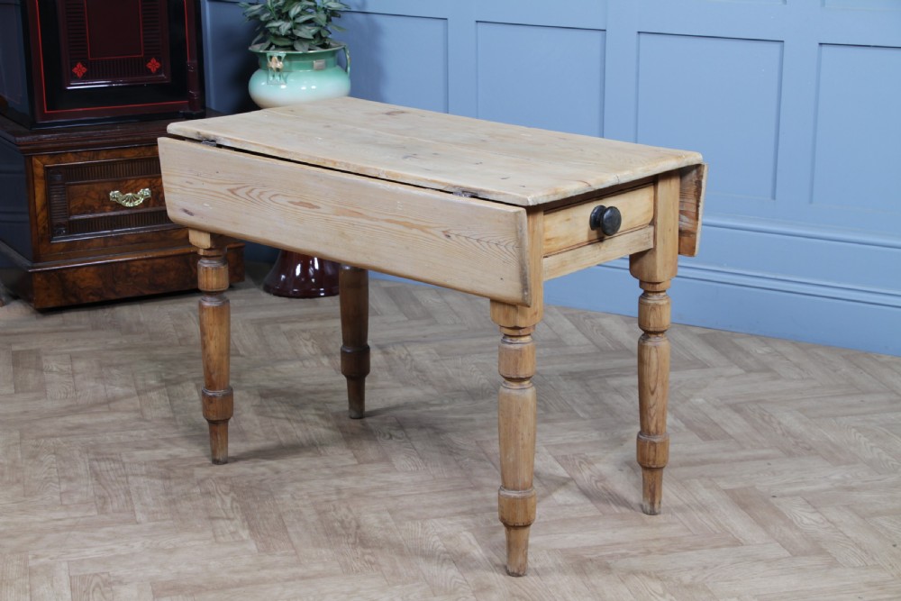 Original Antique Victorian Pine Scrub Top Drop Leaf Pembroke Table With Drawer View XI