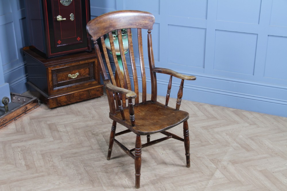 Antique Original Victorian Elm Seat Splat Lathe Back Fireside Arm Chair C1880