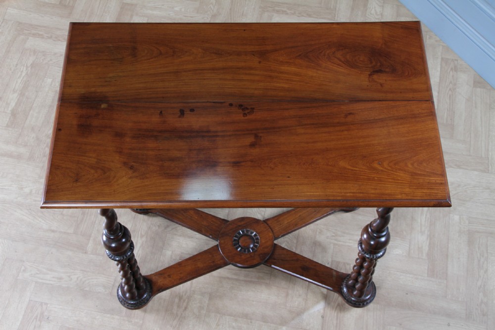 Victorian dark rosewood hall table featuring four triple barley twist legs connected by a central X-frame stretcher. View III