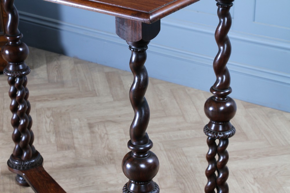 Victorian dark rosewood hall table featuring four triple barley twist legs connected by a central X-frame stretcher. View VIII