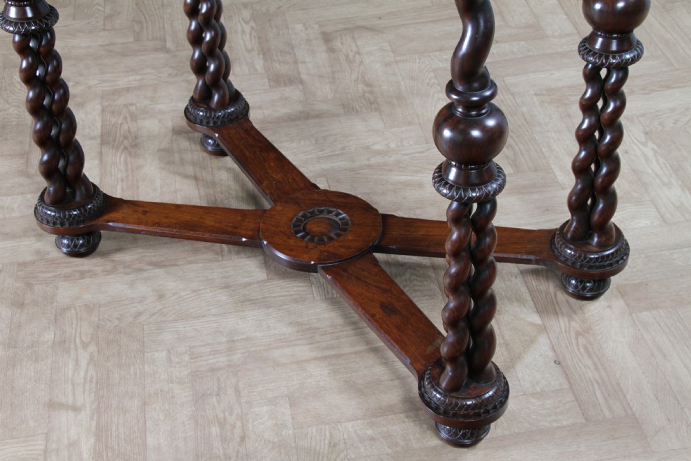 Victorian dark rosewood hall table featuring four triple barley twist legs connected by a central X-frame stretcher. View IX