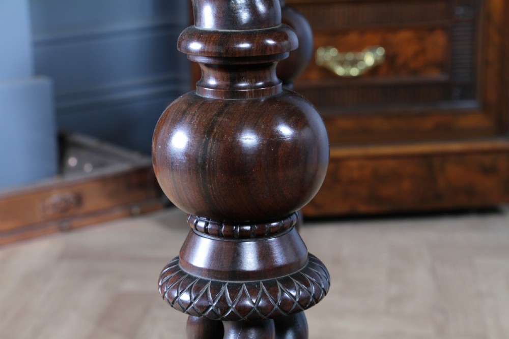 Victorian dark rosewood hall table featuring four triple barley twist legs connected by a central X-frame stretcher. View XXI