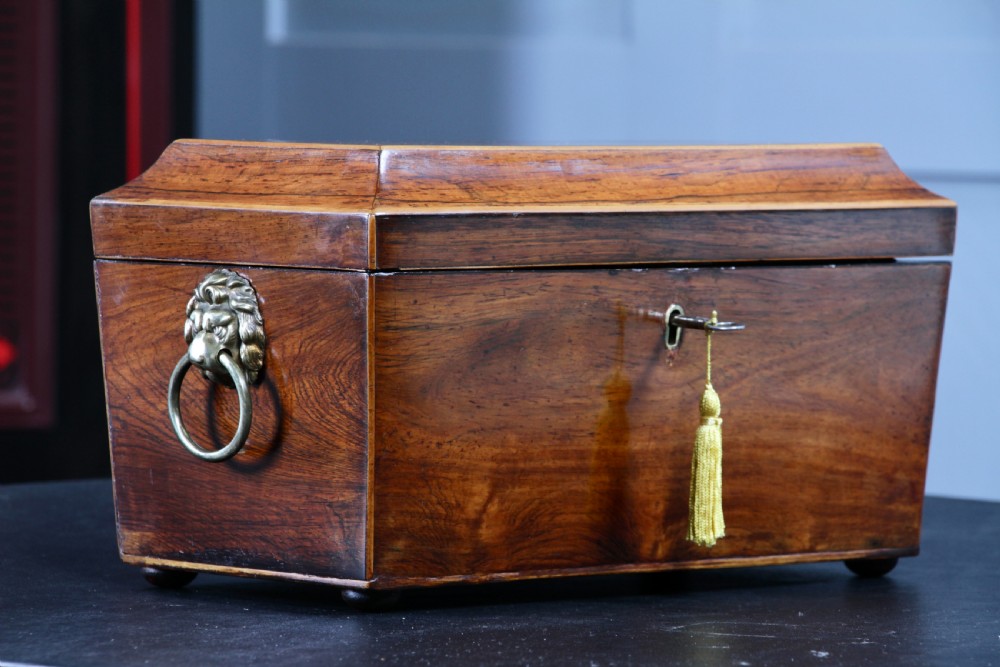 A Georgian rosewood sarcophagus-form tea caddy featuring stringing inlay, brass lion-mask side handles, and a keyhole with a tasselled key. View V